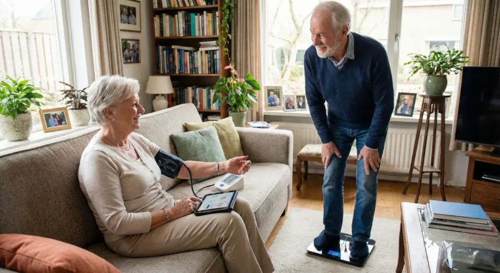 Couple seniors utilisant la technologie numérique à domicile