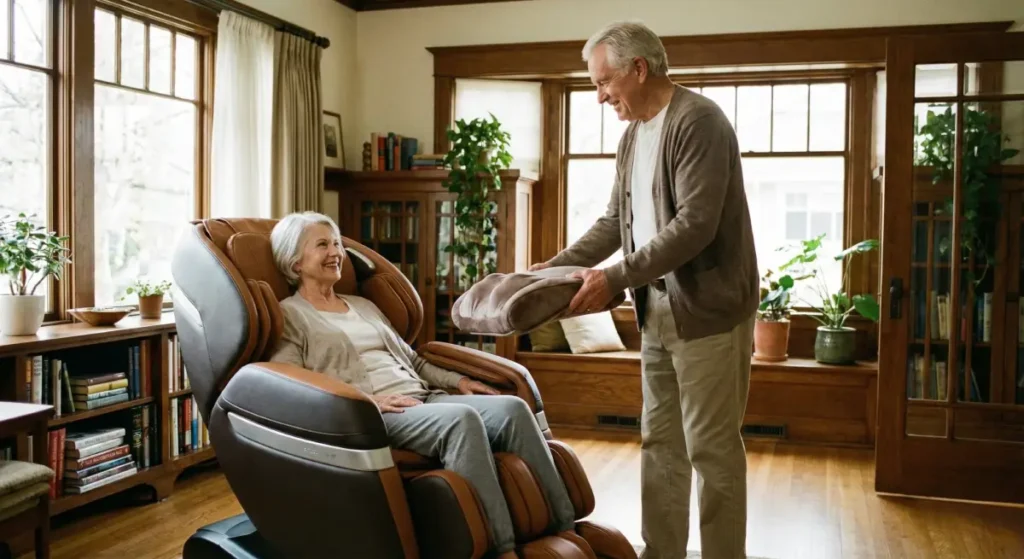 Un homme senior apporte un coussin à une femme âgée confortablement installée dans un fauteuil de massage