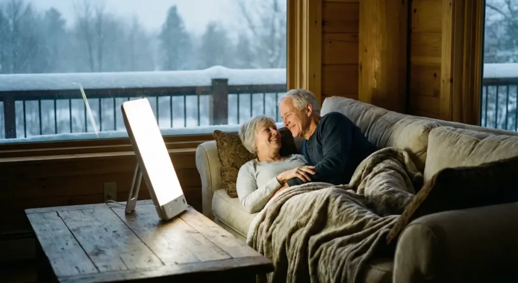 Couple se détendant sur un canapé près d'une fenêtre donnant sur un paysage hivernal enneigé, avec une lampe de luminothérapie