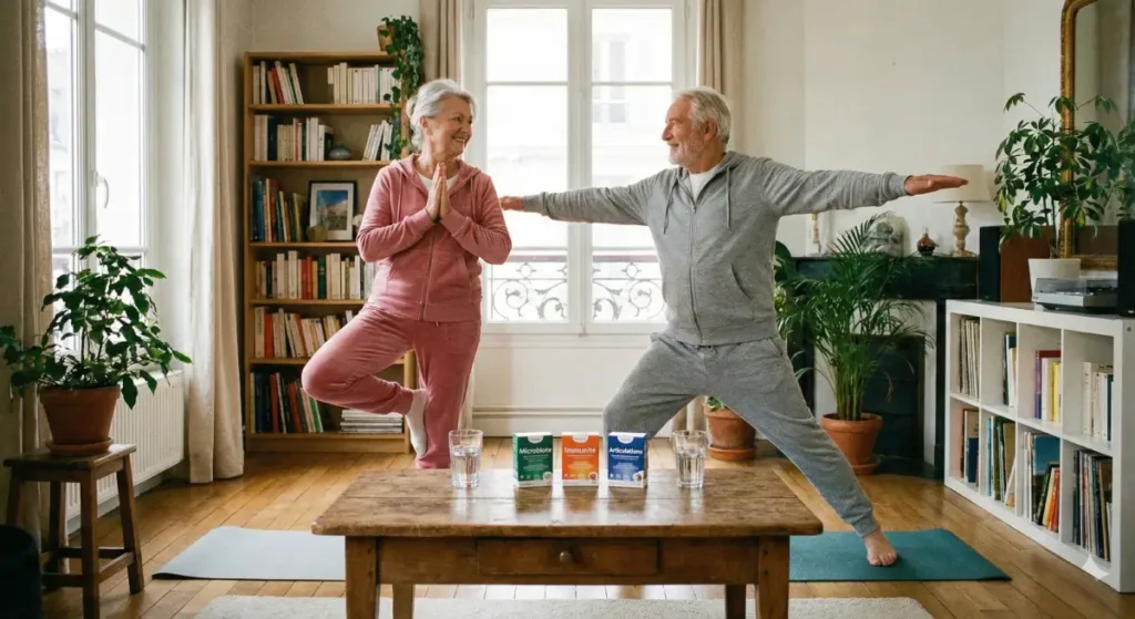 Couple de seniors pratiquant ensemble des exercices d'équilibre dans leur salon lumineux avec des compléments alimentaires sur la table basse