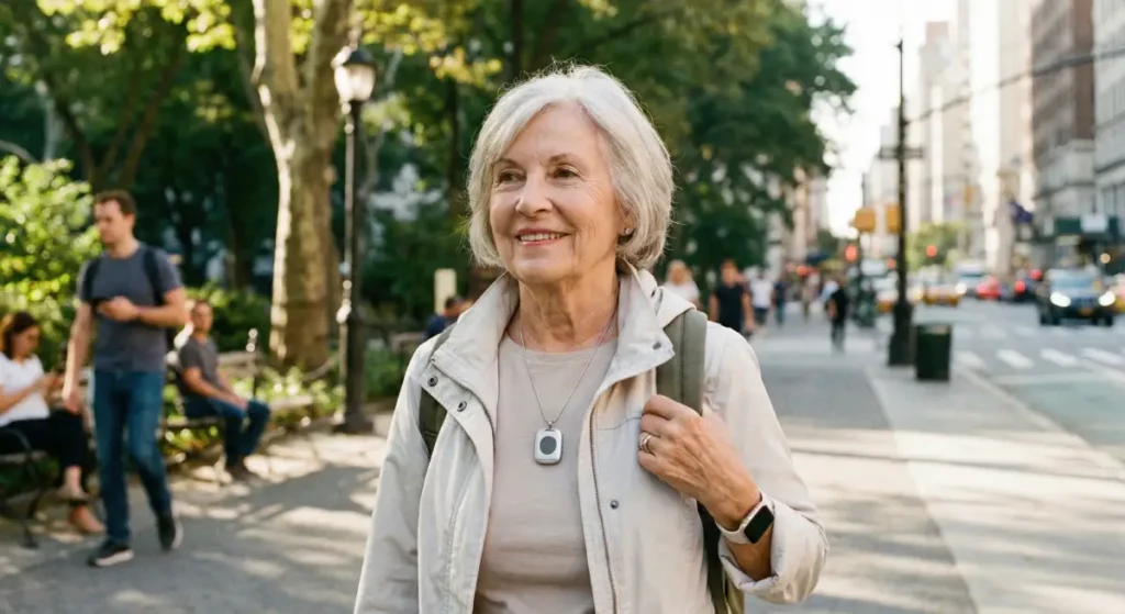 Femme senior active en promenade urbaine