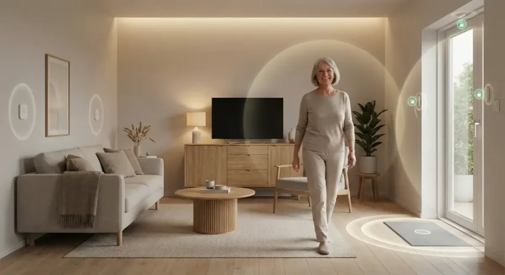 Femme souriante marchant dans un salon moderne