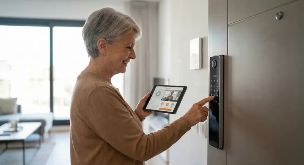 Femme senior utilisant une tablette pour contrôler un système de sécurité domestique intelligent