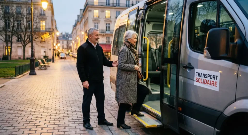 Un homme aide une femme âgée à monter dans un minibus de transport solidaire