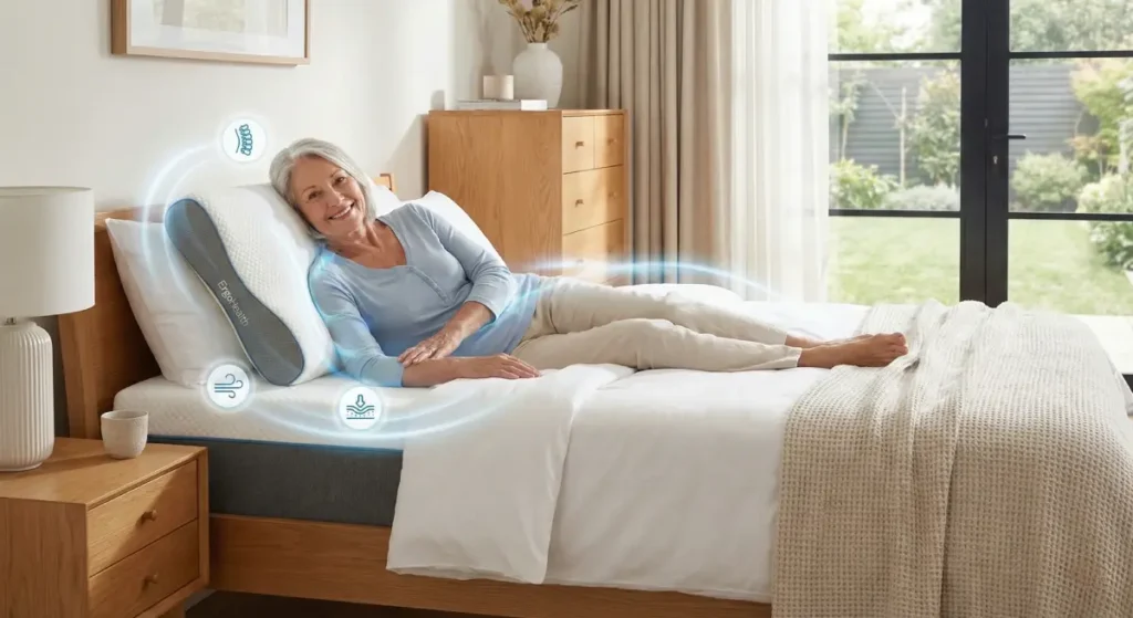 Femme souriante allongée sur un lit avec matelas ergonomique