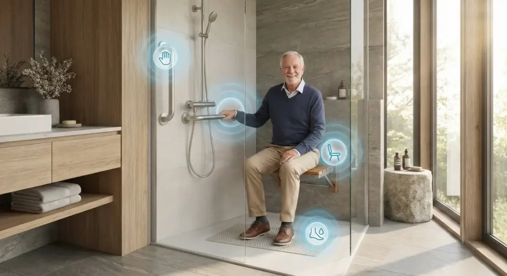 Homme senior souriant assis sur un siège de douche dans une salle de bain moderne avec barres d'appui et équipements de sécurité adaptés