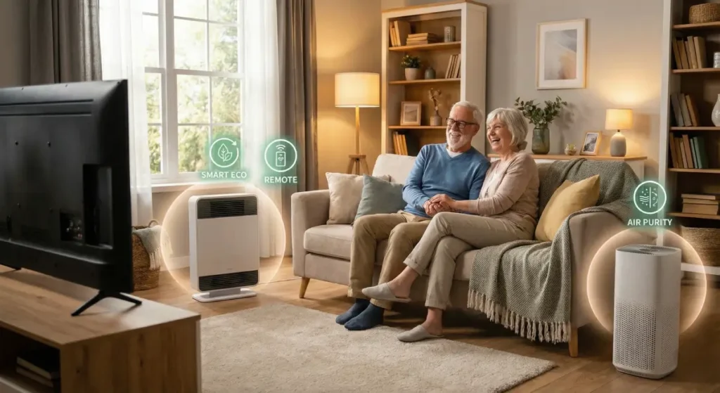 Couple de seniors souriant dans salon confortable avec chauffage intelligent et purificateur d'air