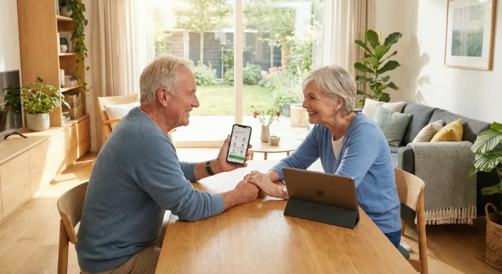 Couple âgé utilisant des appareils numériques ensemble à la maison