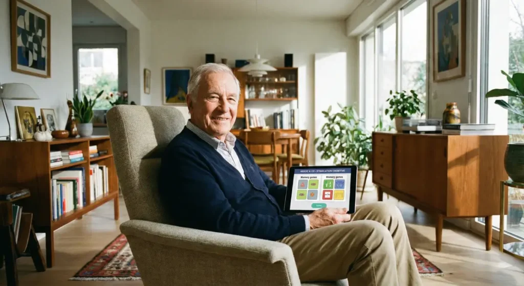 Homme senior souriant assis dans un fauteuil dans son salon, tenant une tablette affichant une application de jeux de mémoire
