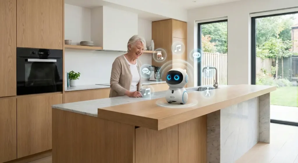 Femme senior souriante dans une cuisine moderne avec un robot assistant domestique sur le comptoir affichant des icônes de fonctionnalités connectées