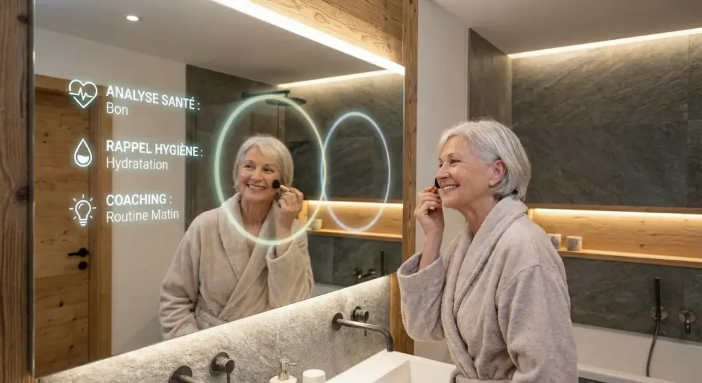 Femme senior souriante en peignoir devant un miroir de salle de bain intelligent affichant des rappels santé, hygiène et coaching
