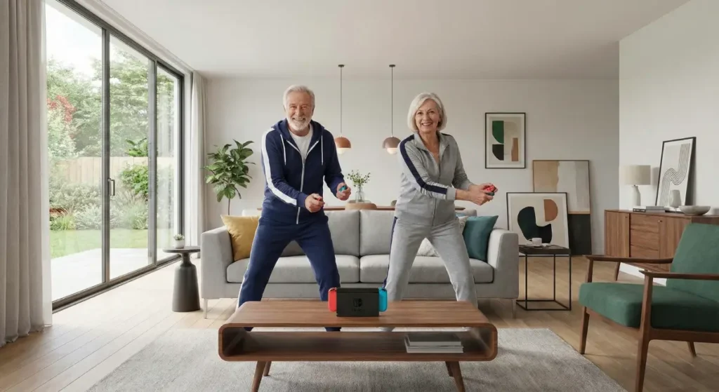 Couple de seniors en tenue de sport jouant à un jeu vidéo actif dans leur salon moderne