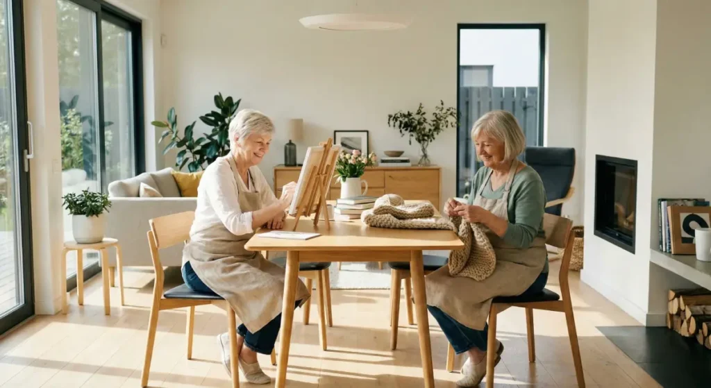 Deux femmes seniors pratiquant des activités créatives à une table en bois dans un salon lumineux et moderne