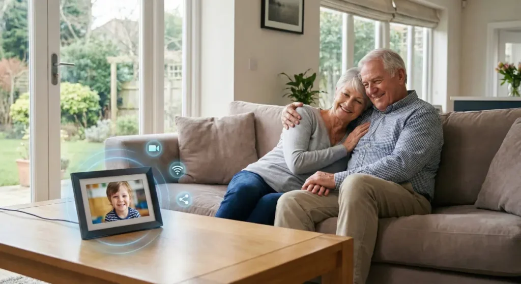 Couple de seniors souriant sur un canapé lors d'un appel vidéo avec leur petit-enfant sur tablette connectée