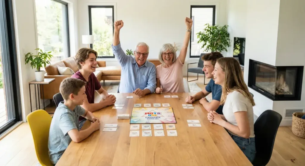 Jeu de société familial avec plusieurs générations réunies autour de la table