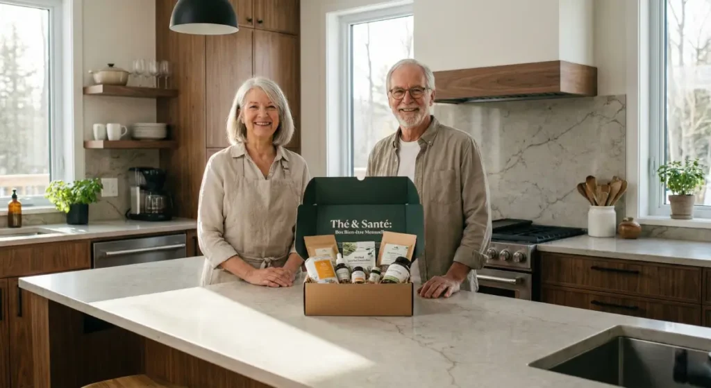 Couple de seniors présentant une boîte cadeau Thé & Santé dans leur cuisine