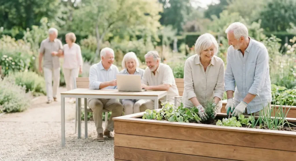 Seniors actifs dans un jardin ensoleillé illustrant une retraite épanouie : couple jardinant au premier plan, groupe socialisant autour d'un ordinateur portable et marche détente en arrière-plan.