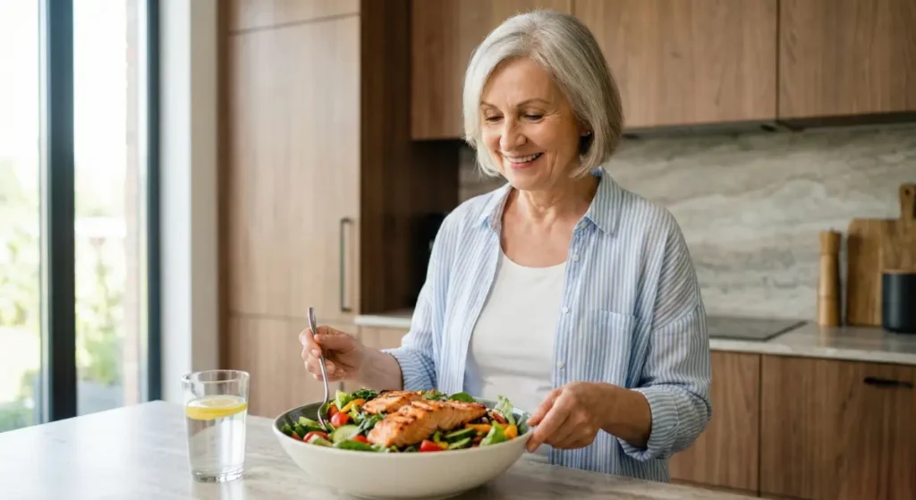 Femme senior préparant un repas sain riche en protéines et oméga-3, illustrant l'importance de l'alimentation pour la prévention santé et le bien vieillir.