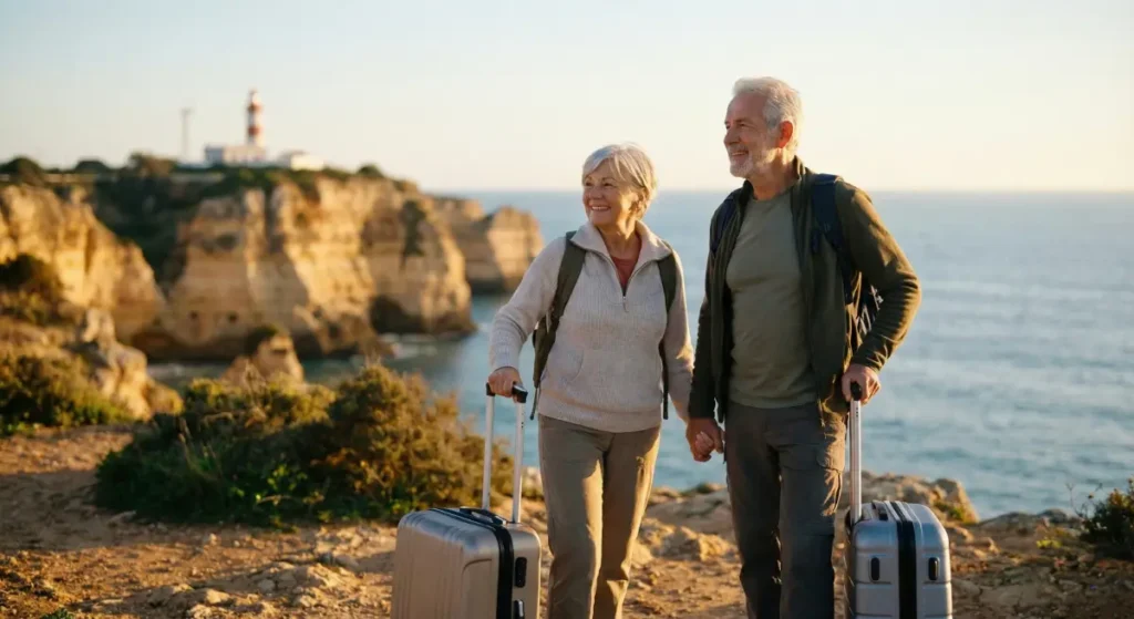 Couple de seniors profitant d'un voyage au Portugal, illustrant le tourisme senior sécurisé et la découverte active.