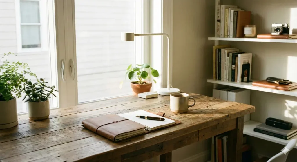 Bureau lumineux et organisé avec carnet de notes, symbolisant la clarté et le sérieux de WikiSenior.