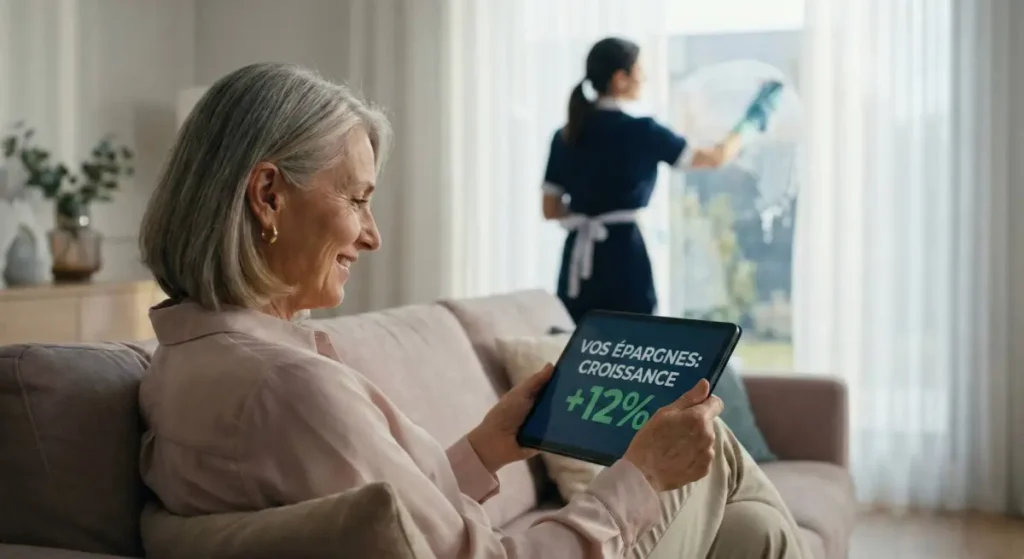Senior consultant ses économies d'impôts sur tablette dans un salon entretenu par une aide à domicile via le service à la personne.