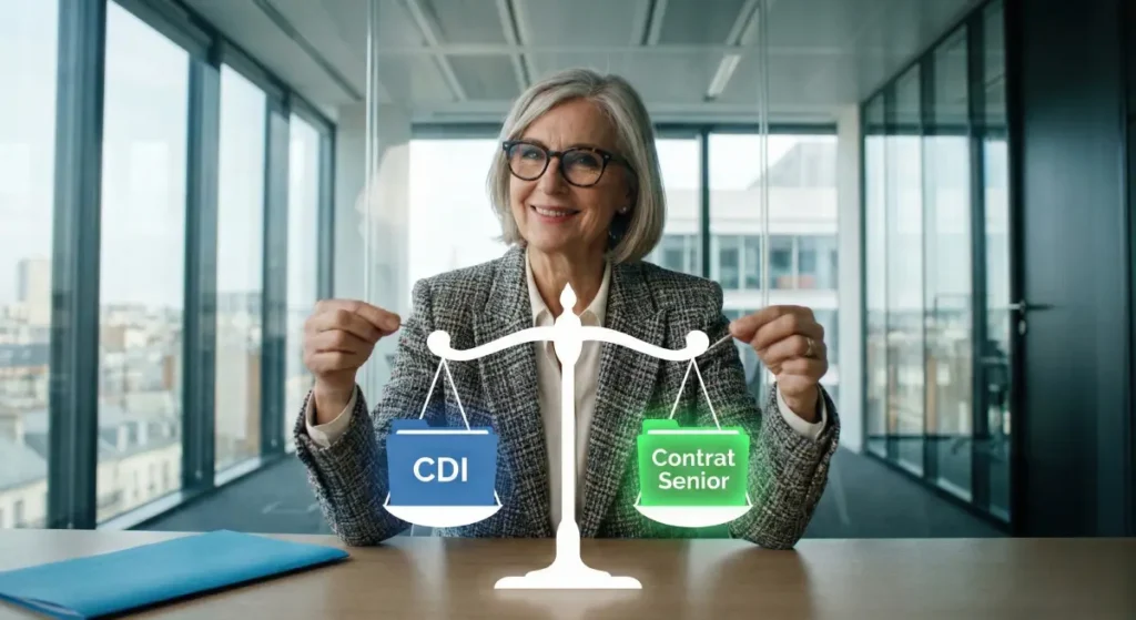 Femme senior active comparant les avantages du CDI classique et du nouveau Contrat Senior 2026 pour sa fin de carrière.