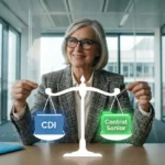 Femme senior active comparant les avantages du CDI classique et du nouveau Contrat Senior 2026 pour sa fin de carrière.