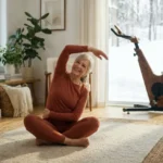 Femme senior souriante pratiquant une gymnastique douce chez elle en hiver, avec un vélo d'appartement en arrière-plan.