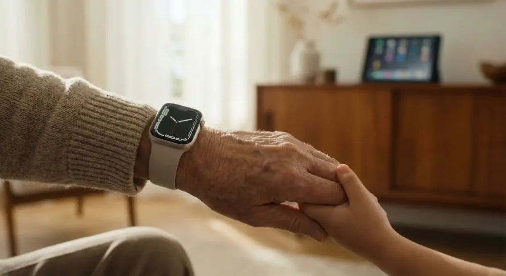 Senior portant une montre connectée avec détection de chute, symbole de maintien à domicile sécurisé par la technologie.