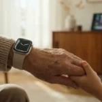 Senior portant une montre connectée avec détection de chute, symbole de maintien à domicile sécurisé par la technologie.