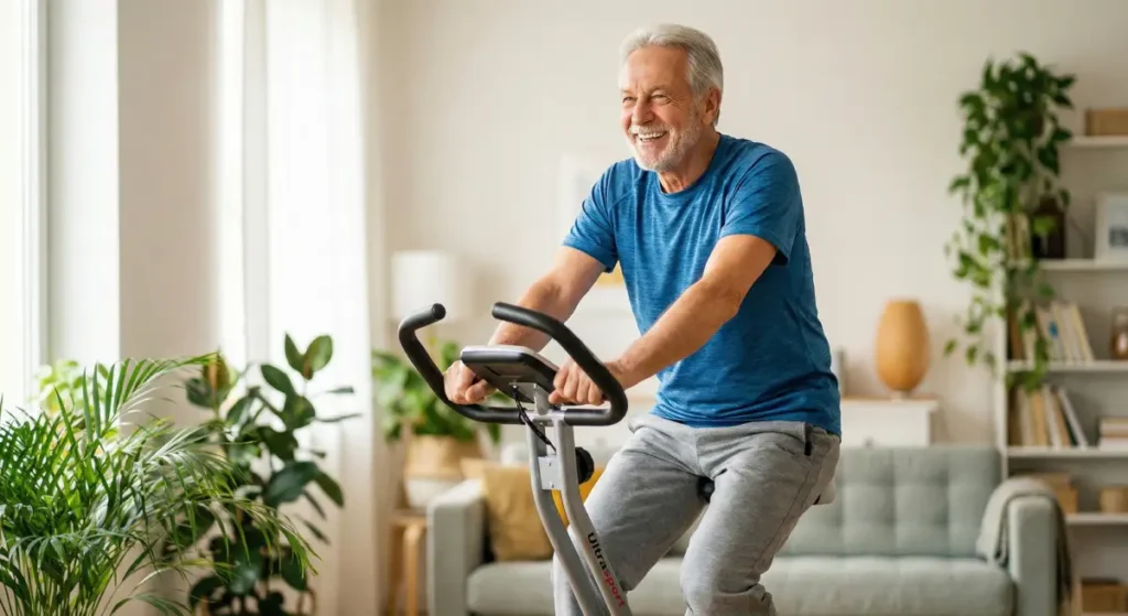 Homme âgé souriant aux cheveux gris faisant de l'exercice sur un vélo d'appartement pliable dans un salon lumineux avec des plantes vertes et un canapé en arrière-plan.