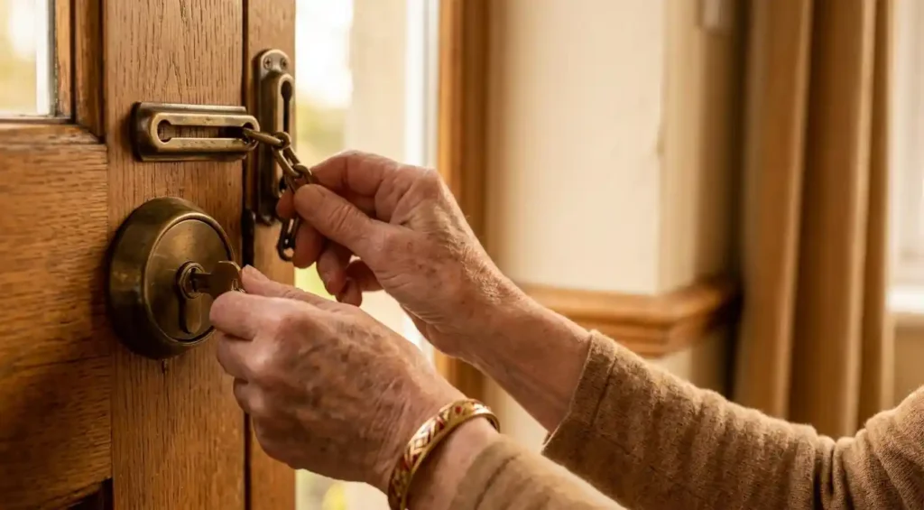 Mains d’une personne âgée verrouillant une porte en bois avec une clé et une chaîne de sécurité