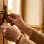 Mains d’une personne âgée verrouillant une porte en bois avec une clé et une chaîne de sécurité