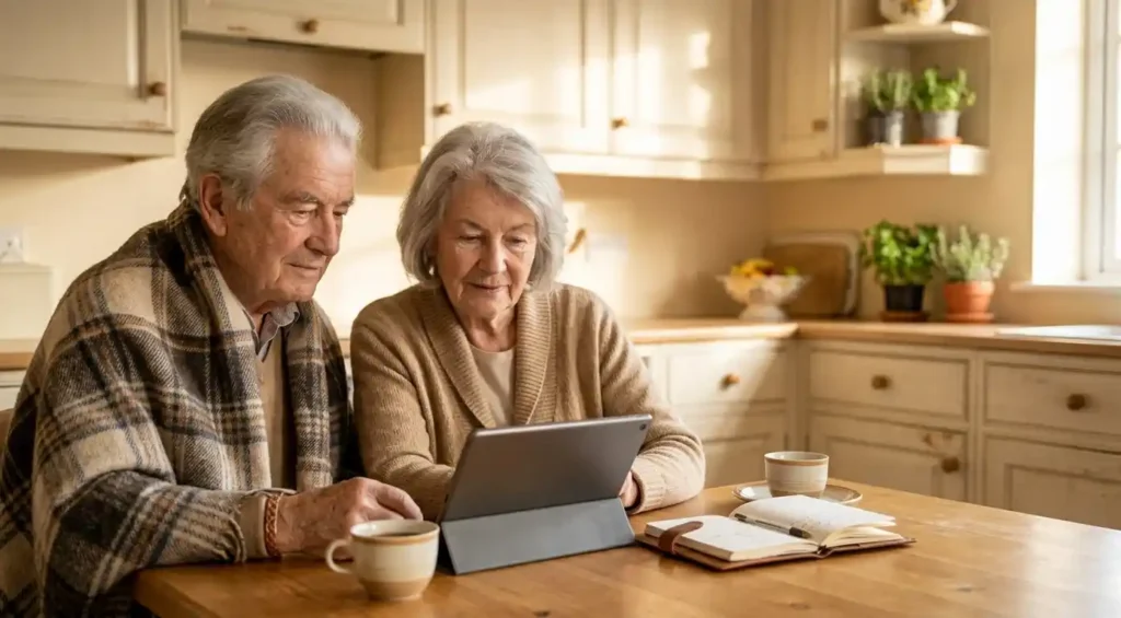 Couple de seniors comparant des prix sur une tablette, un carnet et un stylo posés sur la table de cuisine