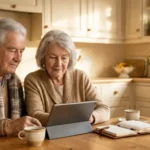 Couple de seniors comparant des prix sur une tablette, un carnet et un stylo posés sur la table de cuisine