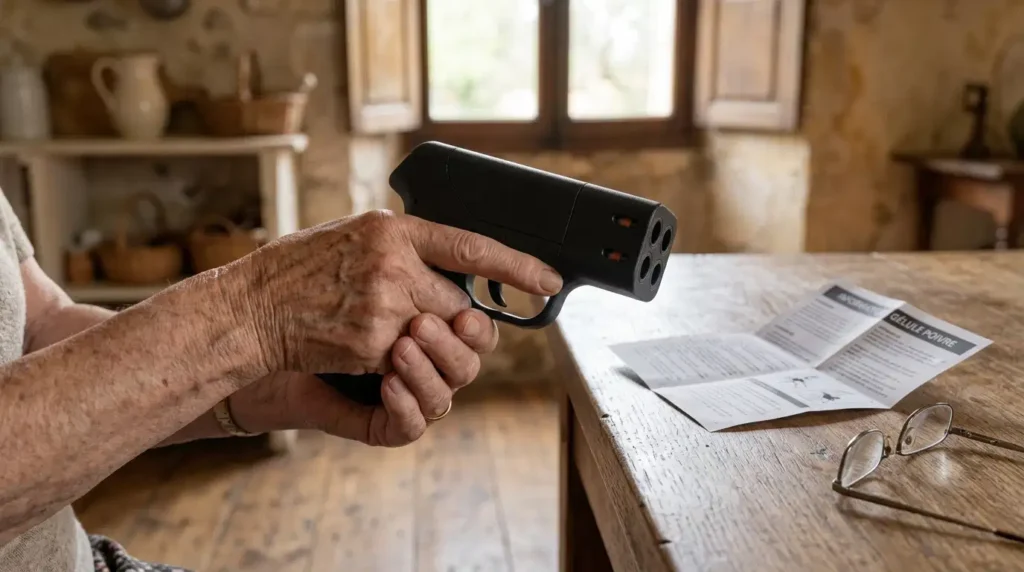 Mains de senior tenant un pistolet à gel poivre compact à quatre tubes, avec une notice et des lunettes posées sur la table
