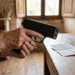 Mains de senior tenant un pistolet à gel poivre compact à quatre tubes, avec une notice et des lunettes posées sur la table