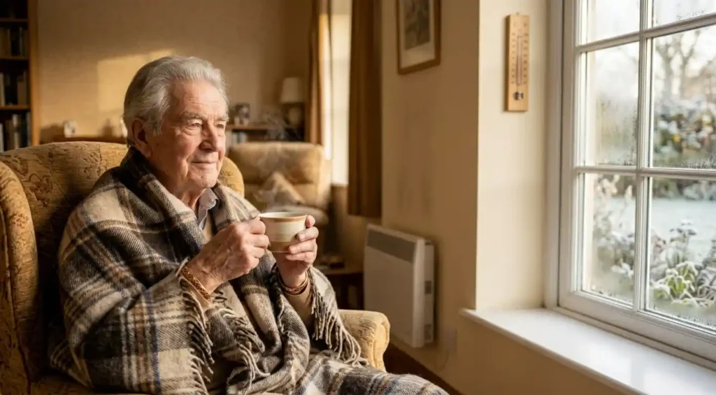Senior enveloppé dans un plaid, une tasse de thé à la main, dans un salon chauffé par grand froid