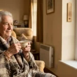 Senior enveloppé dans un plaid, une tasse de thé à la main, dans un salon chauffé par grand froid