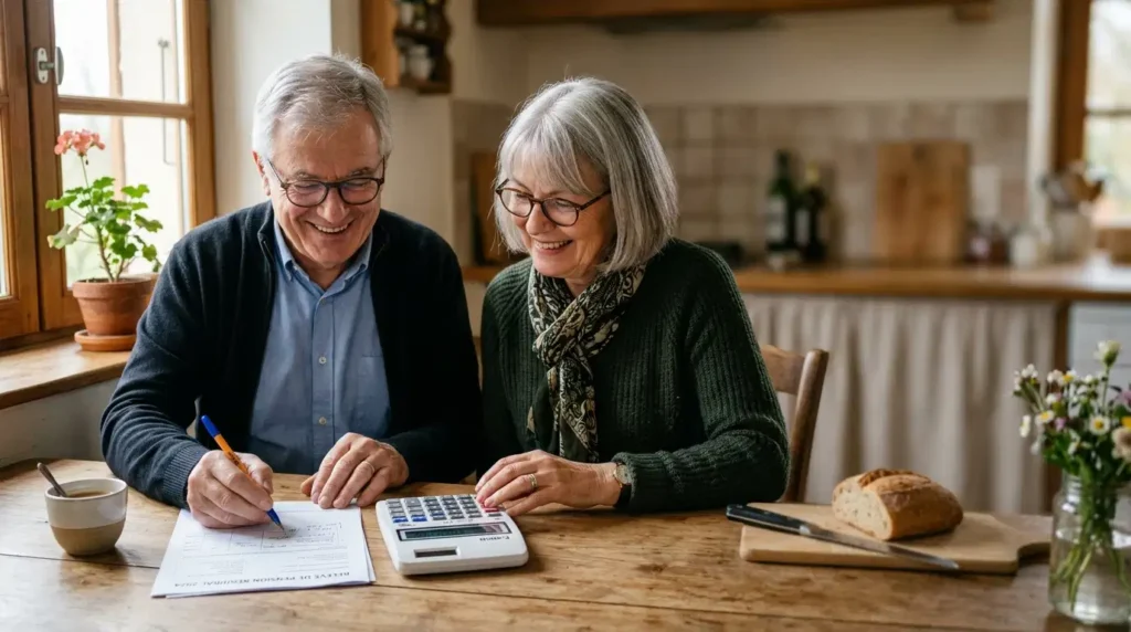 Couple de seniors calculant leur retraite complémentaire avec une calculatrice