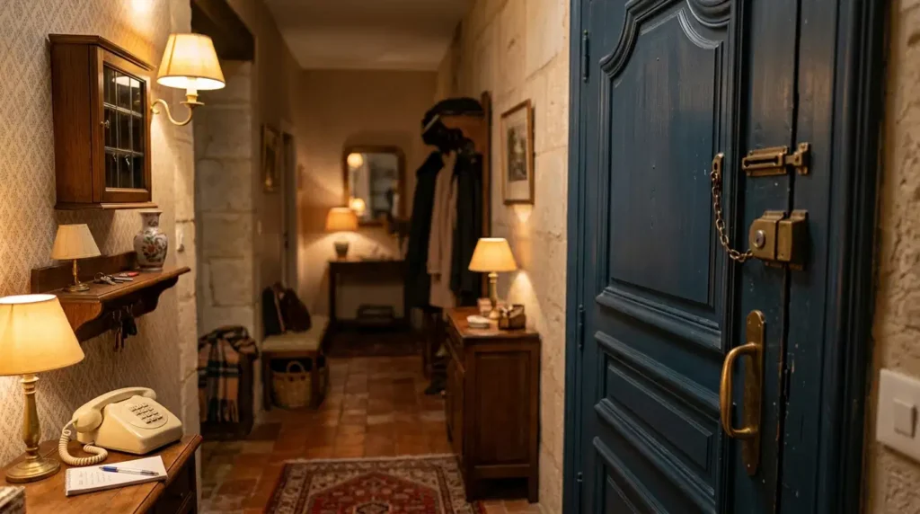 Entrée d’une maison avec une porte fermée par une chaîne de sécurité, un téléphone fixe et un carnet