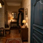Entrée d’une maison avec une porte fermée par une chaîne de sécurité, un téléphone fixe et un carnet