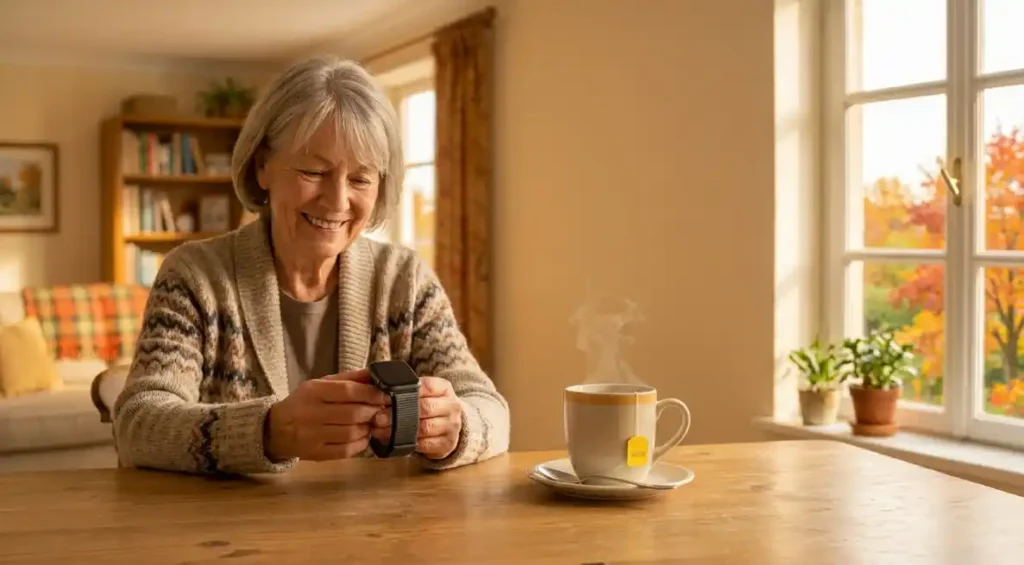 Femme senior souriante réglant l’heure de sa montre à une table, avec une tasse de thé et un feuillage d’automne à la fenêtre