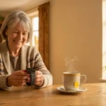 Femme senior souriante réglant l’heure de sa montre à une table, avec une tasse de thé et un feuillage d’automne à la fenêtre