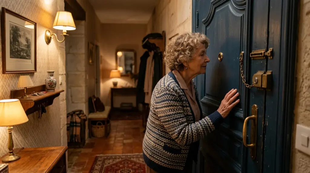 Femme senior près de sa porte d’entrée verrouillée, munie d’une chaîne de sécurité