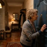 Femme senior près de sa porte d’entrée verrouillée, munie d’une chaîne de sécurité