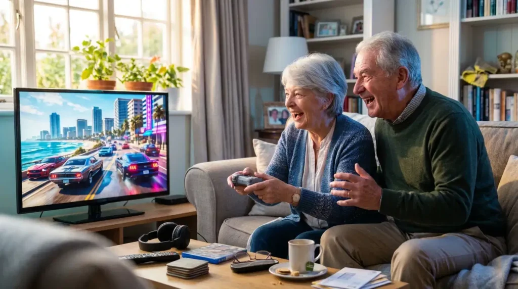Grands-parents riant devant une télévision, manette en main, jouant à un jeu de course en ville