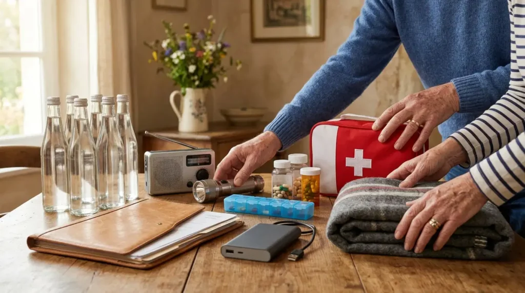 Kit d’urgence de 72 heures préparé sur une table : eau, radio, lampe et médicaments