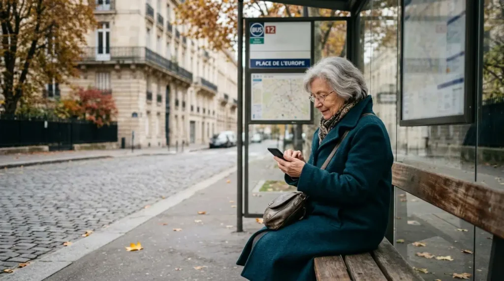 Femme senior consultant les informations de transport sur son téléphone à un arrêt de bus