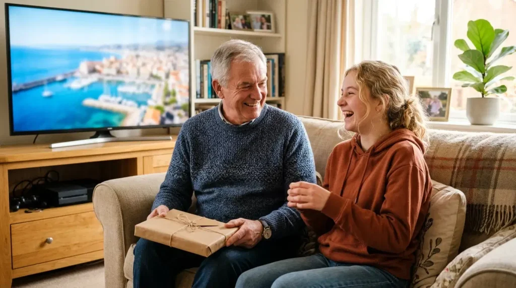 Grand-père offrant un cadeau emballé à sa petite-fille qui rit, devant la télévision